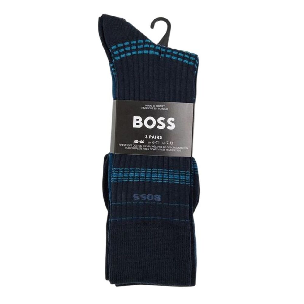 Boss Unisex Adult Stripe Ribbed Socks (Pack of 3) / Dark Blue